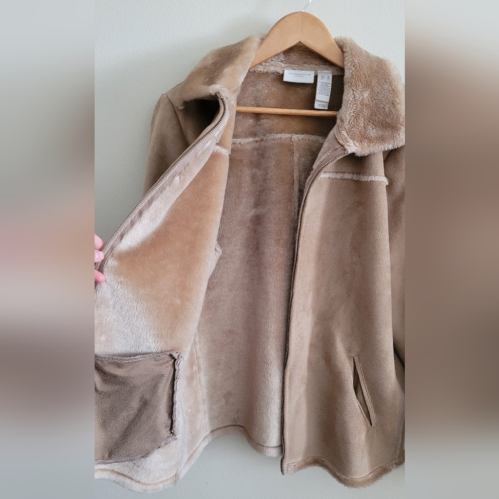 Liz Claiborne Heavy Faux Suede & Faux Fur Lined Shearling Jacket, Women's XL Tan - Picture 2 of 13